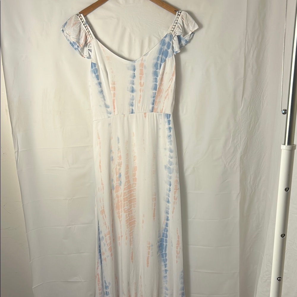 Women’s Blue White Tie Dye Maxi Dress Rayon Flutter Sleeve Cottagecore Size S